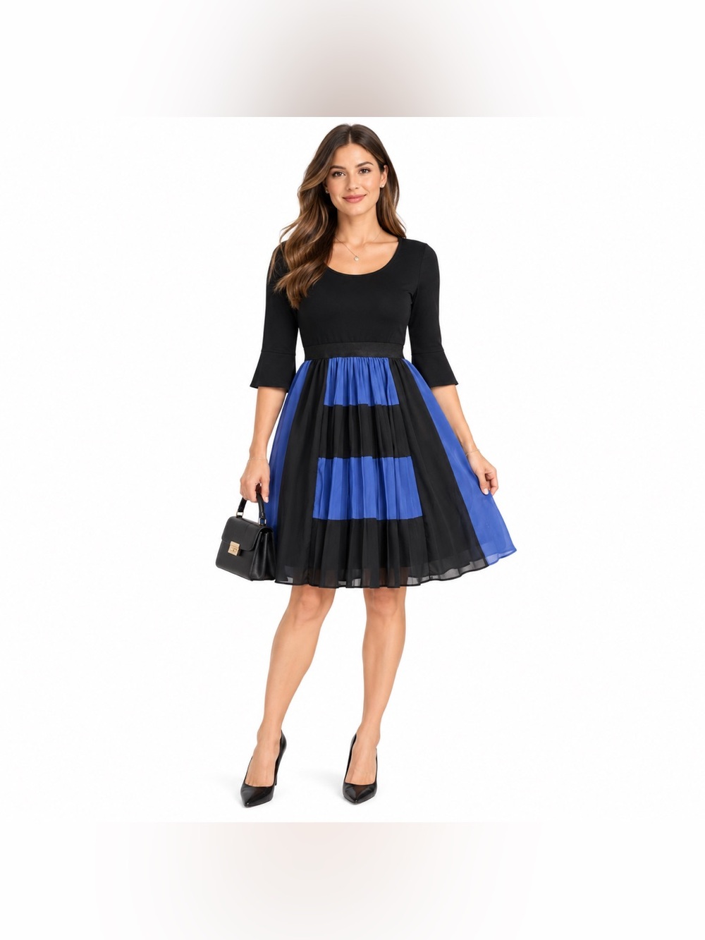 Max and Cleo Sarah Small Blue Black Colorblock Pleated Fit & Flare Dress